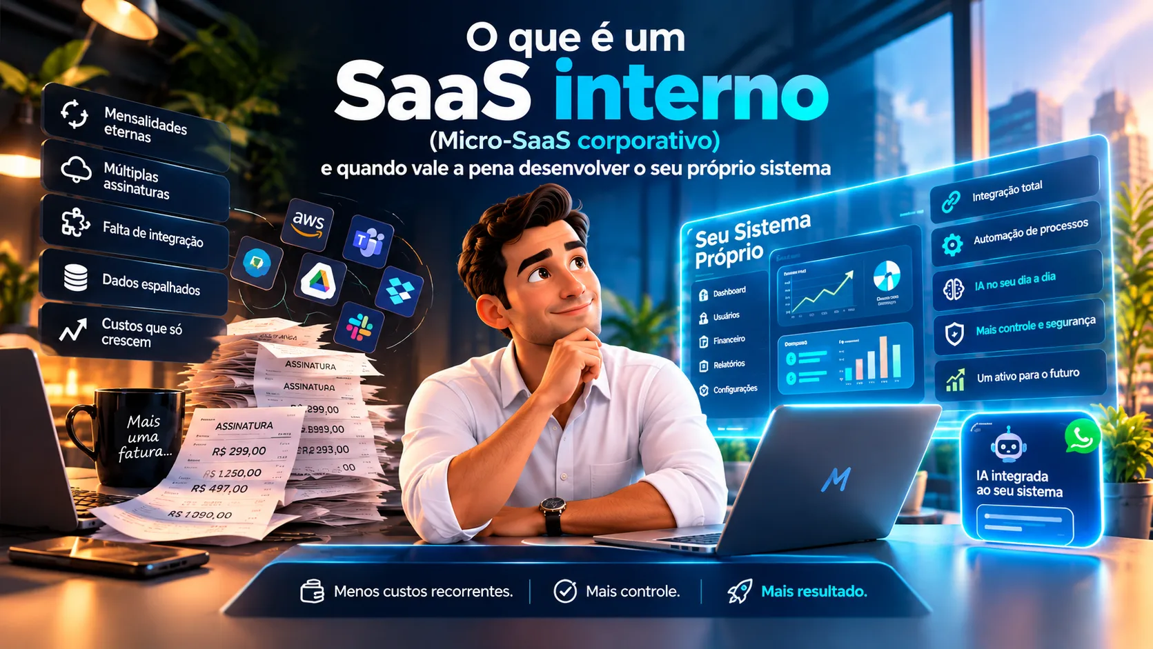 Comparação visual entre assinaturas recorrentes de software e um sistema empresarial próprio com painel de controle e inteligência artificial