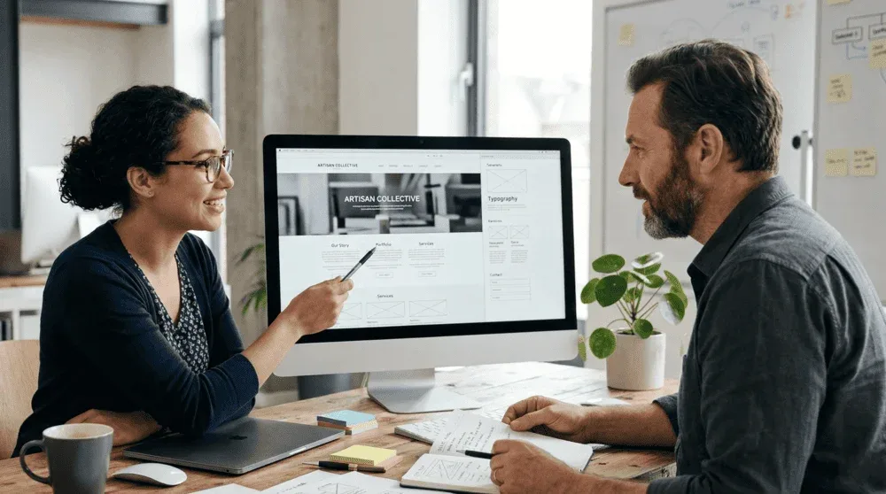 Dono de empresa analisando o site da empresa em um notebook, com o layout aberto na tela