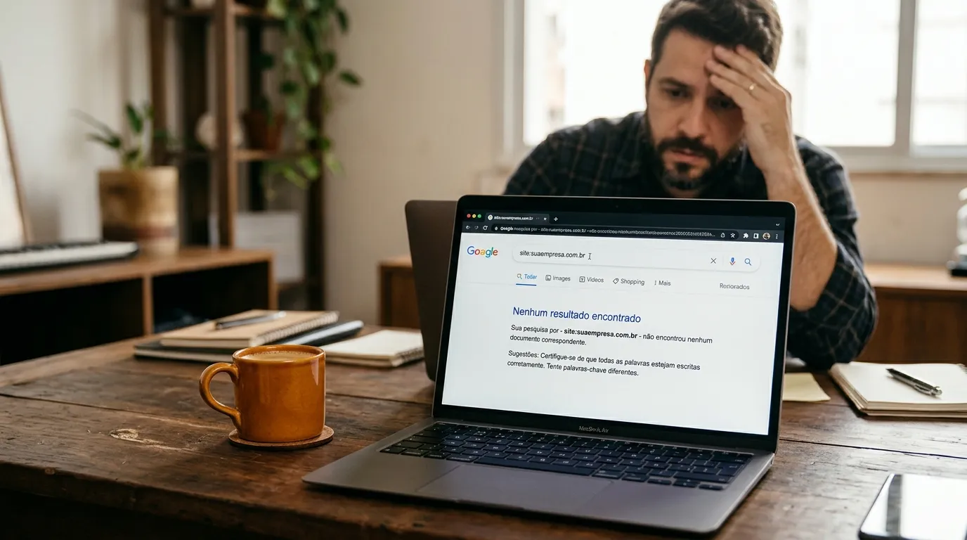 Tela de notebook com a busca site:suaempresa.com.br e o aviso de nenhum resultado encontrado, com empresário preocupado ao fundo