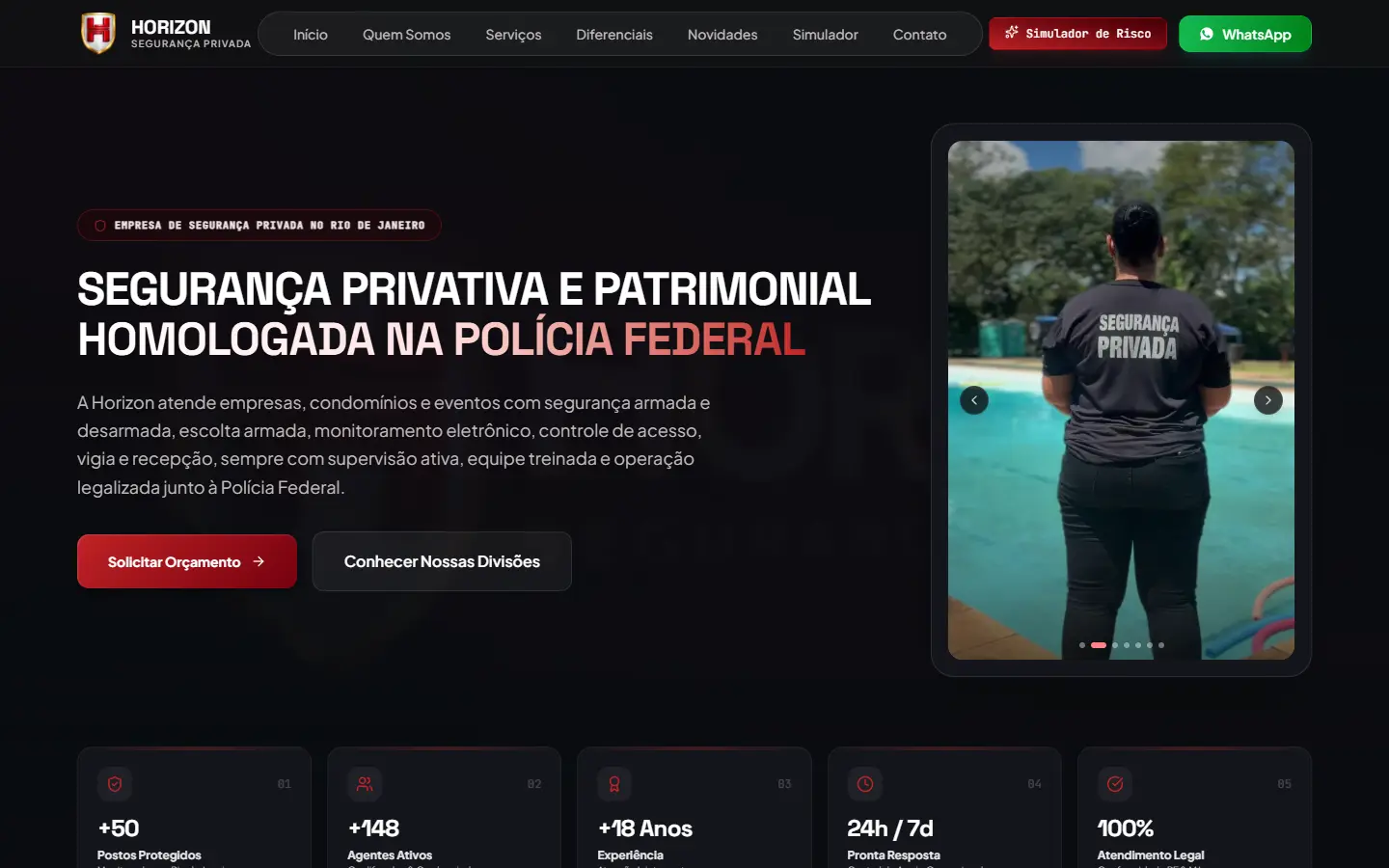 Página inicial do site Horizon Segurança no computador