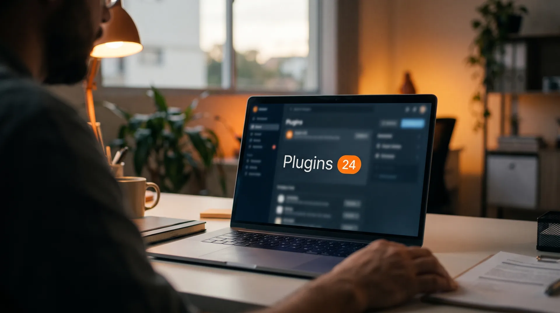 Tela de notebook exibindo o menu escuro do WordPress com o aviso laranja Plugins 24 e o dono da empresa pensativo ao fundo